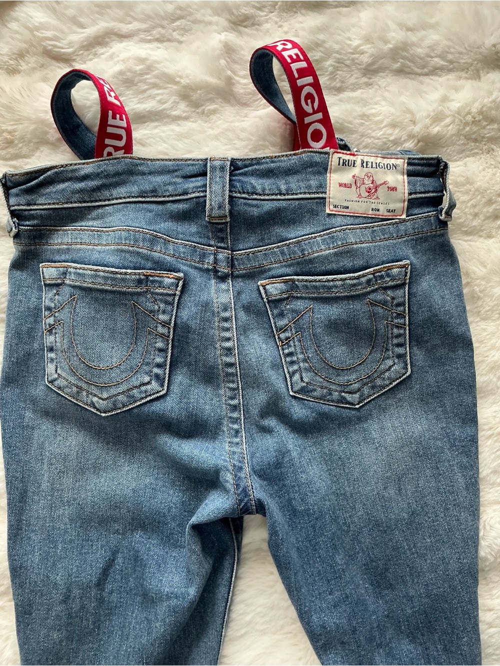 True Religion Blue Denim Overalls with Maroon Branded Straps - Picture 7 of 9